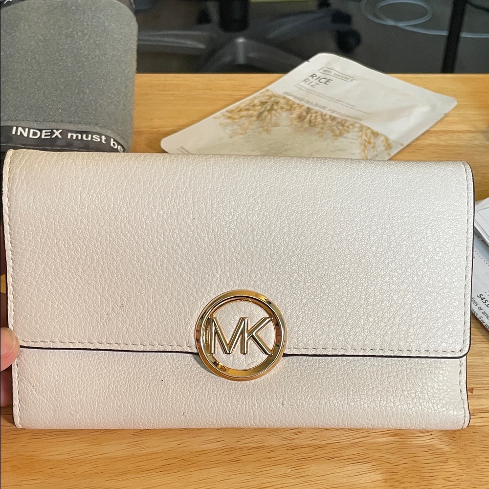 Michael Kors Cream Leather Clutch with Gold Logo
